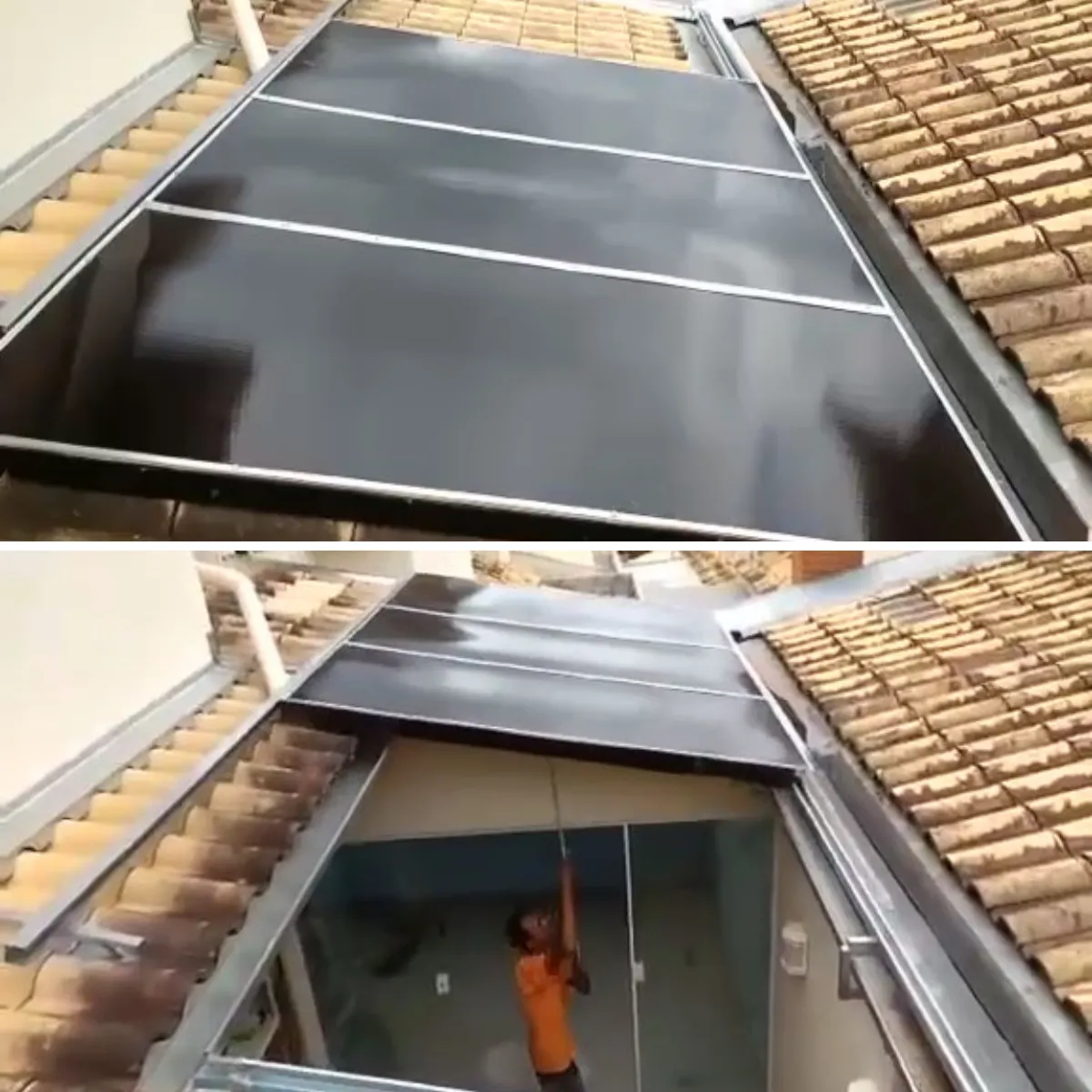 Cobertura Retrátil Policarbonato/Telha/Vidro em Salto SP — Cobertura em pátio de comércio com mesas externas